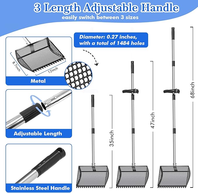 12 Inch Chicken Poop Scooper & Rake 2-in-1, Large Metal Shovel Head, Rubber Handle Stainless Steel Chicken Litter Scoop for Chicken Coops, Litter Screening Scoop (35 to 65in) US Patent Pending (Black)