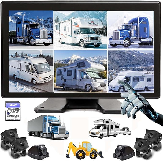 10.1" 1080P Backup Camera Monitor & Built-in DVR for RV Truck Trailer Rear Side Front Reversing View Wired System FHD Image 4 Split Large Screen 64GB Recorder IP69 Waterproof Avoid Blind Spot Kit