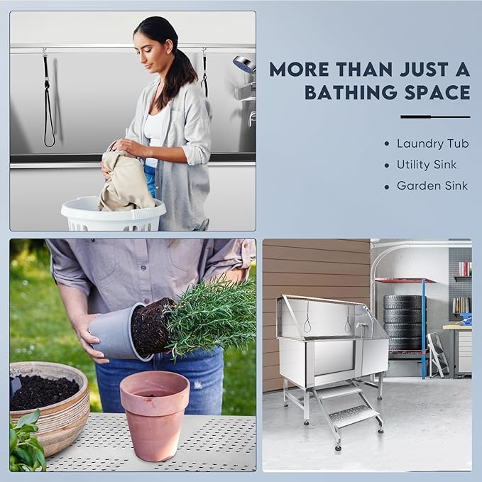 62" Pet Dog Bathing Station,Professional Stainless Steel Dog Grooming Tub,Pet Bathing Tub Dog Bathing Station with Faucet Walk-in Ramp Accessories,Commercial or Household use, (Extra Large)