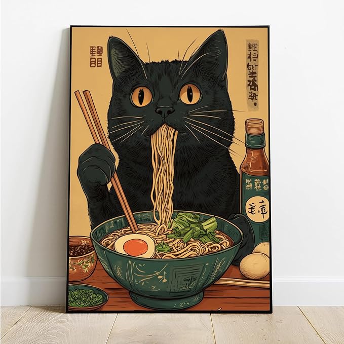 Japanese Cat Canvas Wall Art Funny Black Cat Posters Vintage Cute Cat Eating Ramen Noodles Print Kawaii Animal Food Kitchen Art Painting For Dining Living Room Bedroom Decor 12x16in Black Framed