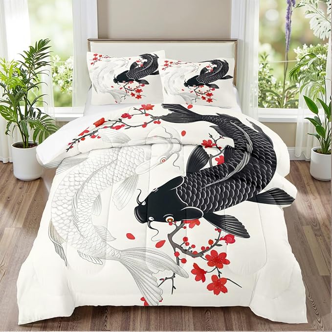 Japanese Bedding Twin Size Asian Oriental Comforter Black White Fish Bed Set Red Cherry Blossom Comforters Vintage Bedroom Decor Floral Bedding Set for Women Men Teen