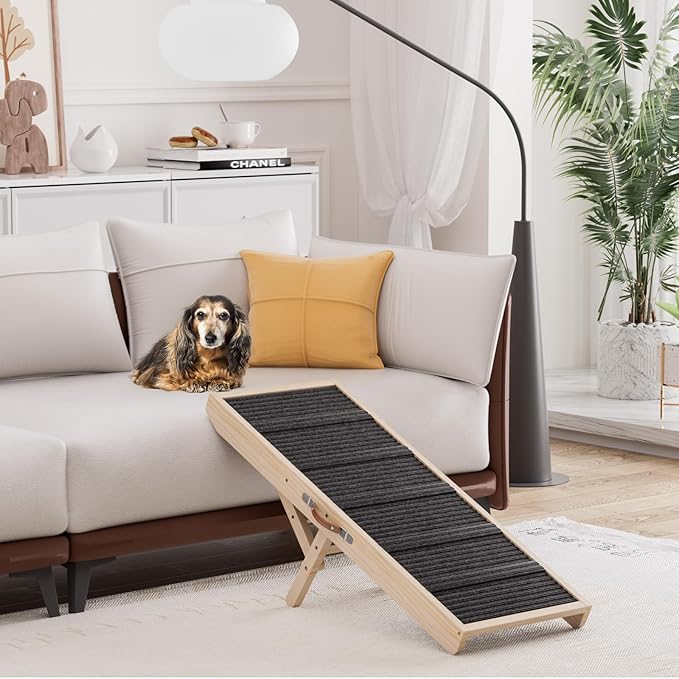 Dog Ramp for Couch, Wooden Pet Ramps 39.37" Long Adjustable 11"-20.47" Folding Puppy Ramps with High Traction Mat, Dog Stairs for Small & Medium Older Dogs & Cats, up to 150lbs