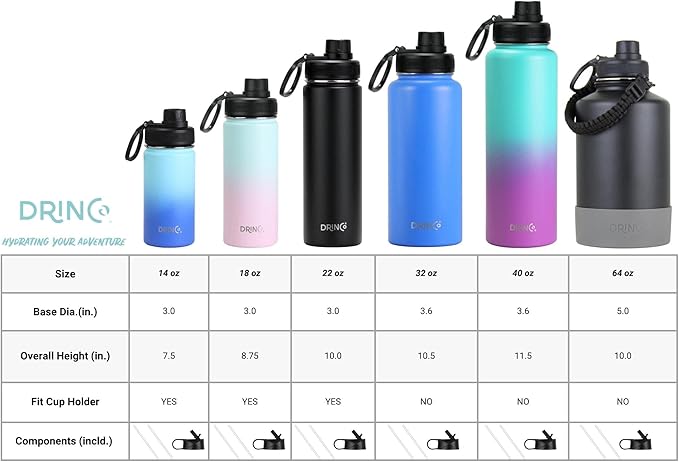 DRINCO Stainless Steel Water Bottle Spout Lid Vacuum Insulated Double Wall Water Bottle Wide Mouth (40oz 32oz 22oz 18oz 14oz) Leak Proof Keeps Cold or Hot (22 oz, 22oz Ombre Fuschia Teal)