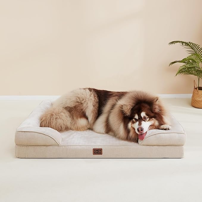 EHEYCIGA Orthopedic Dog Beds for Large Dogs, Waterproof Memory Foam Large Dog Bed with Sides, Non-Slip Bottom and Egg-Crate Foam Pet Couch Bed with Washable Removable Cover, Beige