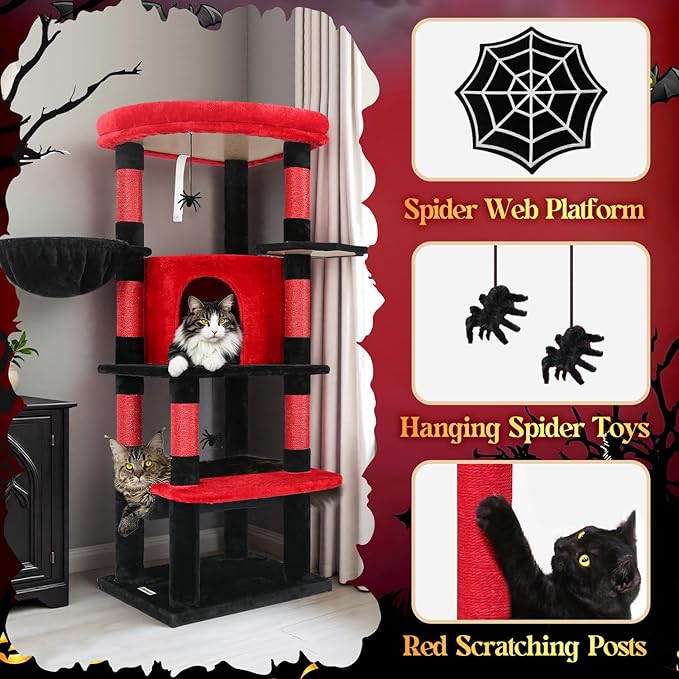 Globlazer Gothic Corner Cat Tree Tower with Scratching Post for Indoor Cats, 51inch Goth Cat Condo Tower with Large Hammock, Fan-Shaped Padded Perch, Spacious Cat Cave, Hanging Basket, C51, Red Black