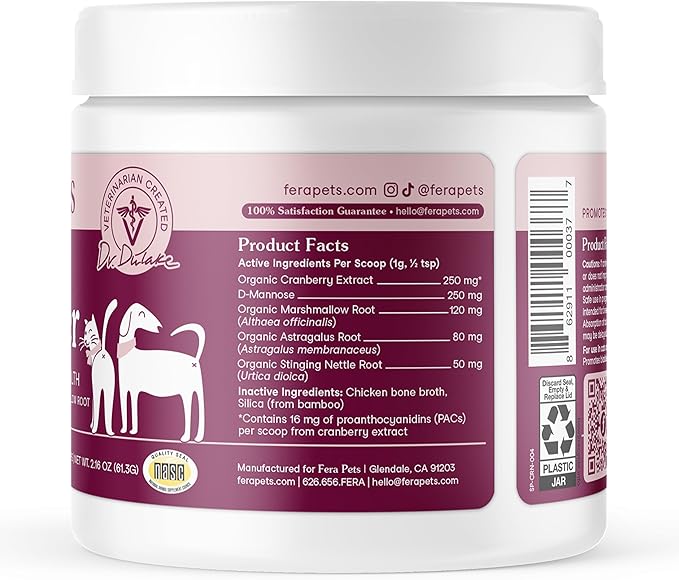 Fera Pets Bladder Support - Cranberry for Dogs & Cats - D-Mannose & Marshmallow Root - Urinary Tract Support - Supports Normal Urine pH - Boosts Immunity - 60 Scoops