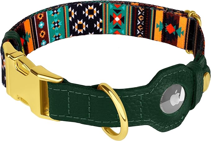 AirTag Dog Collar for Small Medium Large Breed - Adjustable Cute Pattern Dog Collar with Airtag Holder - Soft Leather Tracker GPS Apple Air Tag Pet Collars (Large, 17"-21" Neck Fit, Tribal)