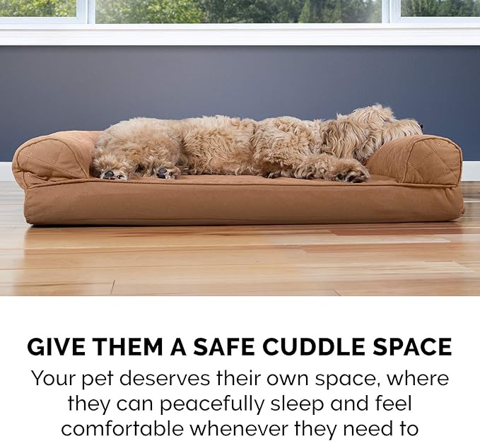 Furhaven Cooling Gel Dog Bed for Medium/Small Dogs w/ Removable Bolsters & Washable Cover, For Dogs Up to 35 lbs - Quilted Sofa - Toasted Brown, Medium