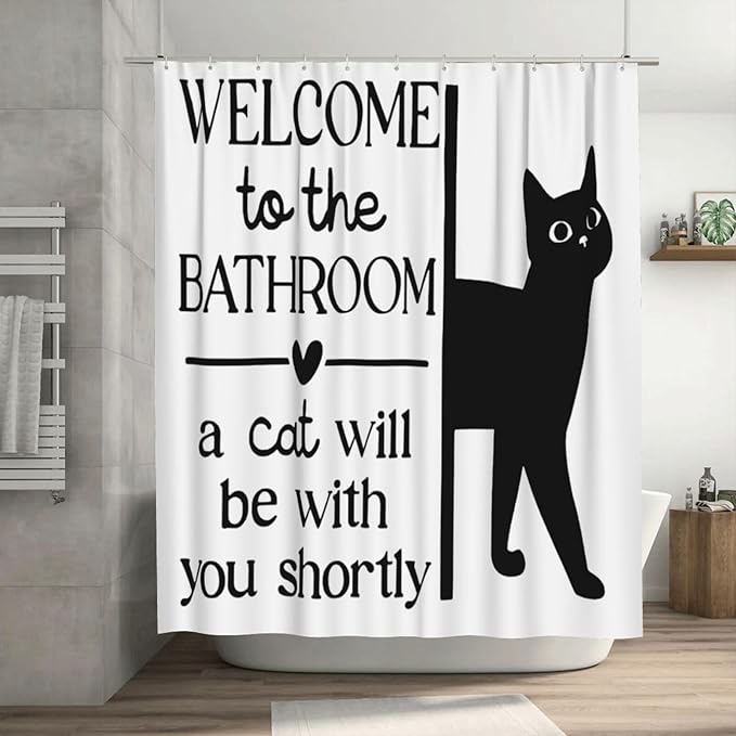 Jakayla Funny Shower Curtain Set โ Cute Black Cat Bathroom Decor, Waterproof Polyester Fabric for Cat Lovers Shower Curtain Set with Hooks 72x72 Inch