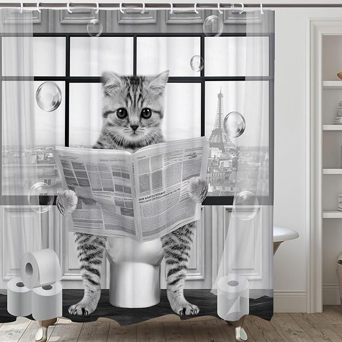 Cute Cat Shower Curtain,Funny Cat Reading on ToiletShower Curtain Set,Black White Grey Fabric Shower Curtains for Bathroom with Hooks 36X72inches