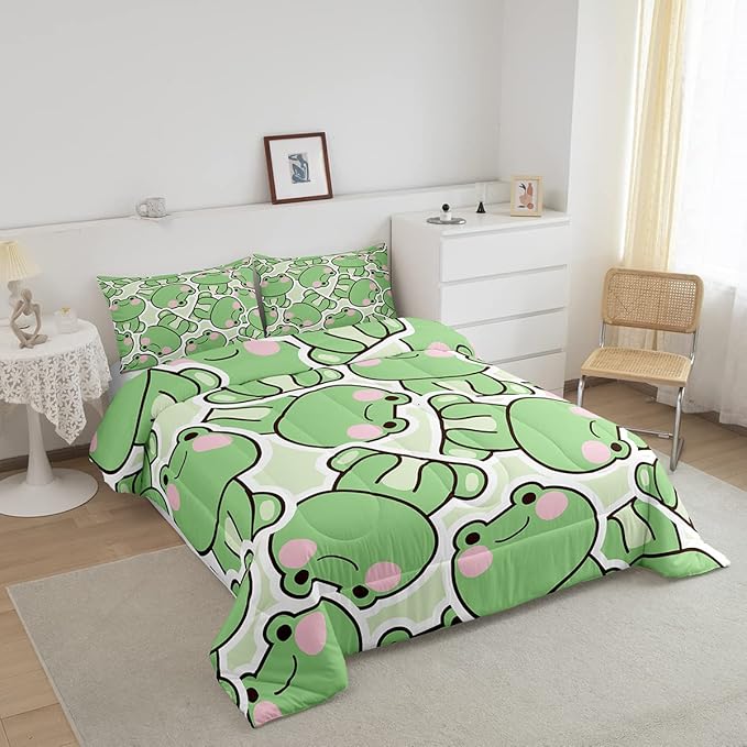 Cute Frog Comforter Set King Size, Kawaii Frog Bedding Set For Kids Boys Girls Teens, Green Wild Animals Farmhouse Down Comforter, Wildlife Rustic Funny 3Pcs Quilted Duvet All Season Bedroom Decor