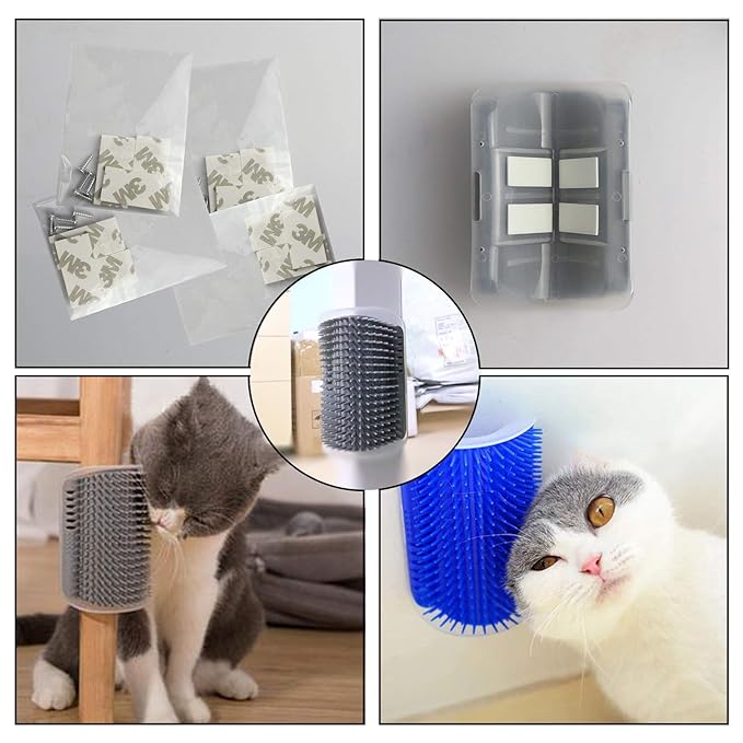 JAKI Cat Self Groomer Brushes 4 Pack Wall Corner Self Message, Interactive Cat Toy with Face Scratcher Comb, Pet Grooming Brush Tool for Indoor Cats Long Short Fur Kitten Puppy