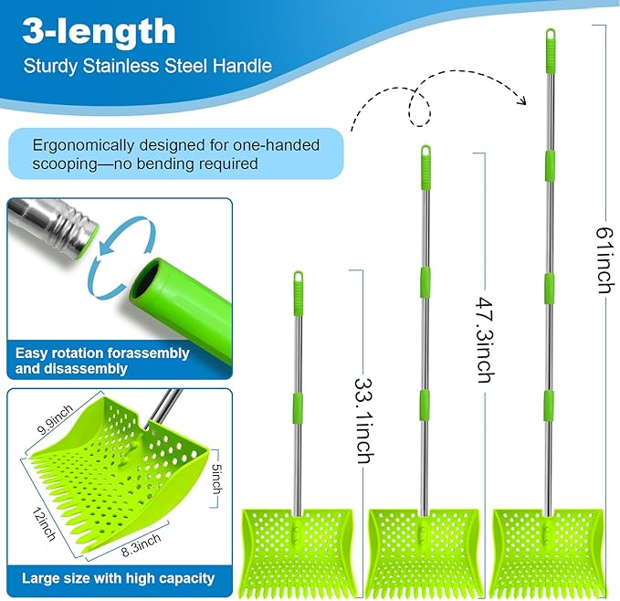 12-Inch 2-in-1 Chicken Poop Scooper & Rake – US Patent Pending – 3-Shape Sifting Holes Chicken Coop Rake,Stainless Steel Handle (20–61")– Litter Scoop Sand & Sifting Shovel for Chicken Coops(Green)