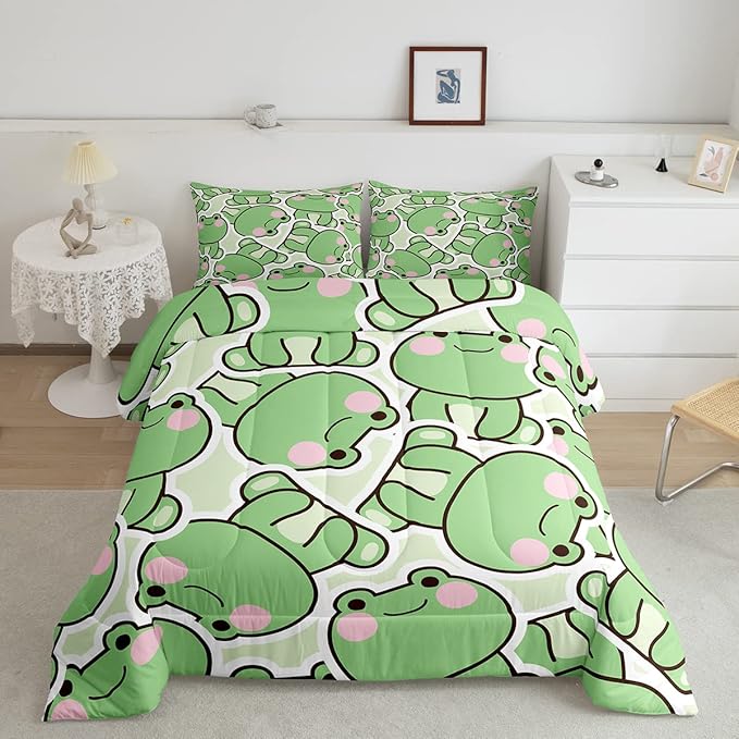 Cute Frog Comforter Set King Size, Kawaii Frog Bedding Set For Kids Boys Girls Teens, Green Wild Animals Farmhouse Down Comforter, Wildlife Rustic Funny 3Pcs Quilted Duvet All Season Bedroom Decor