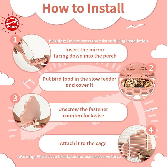 Agape Bird Mirror for Cage, Bird Toys with Perch and Slow Feeder to Expend Energy, Small Parrot Swing, Interactive Toys for Cockatiel, Lovebird, Parakeet, Conure, Finch, and Budgies
