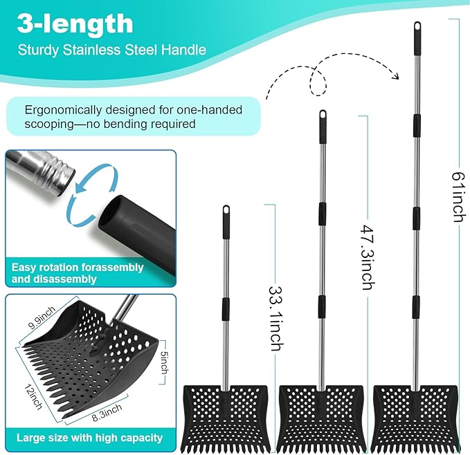 12-Inch 2-in-1 Chicken Poop Scooper & Rake – US Patent Pending – 3-Shape Sifting Holes Chicken Coop Rake,Stainless Steel Handle (20–61")– Litter Scoop Sand & Sifting Shovel for Chicken Coops (Black)