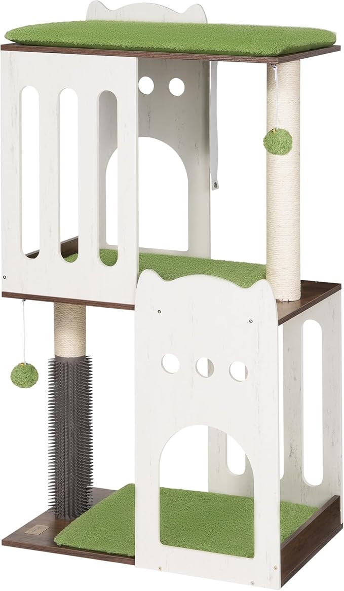 FourFurPets 43.7in 3-Tier Modern Cat Tree Tower Condo, Cat Scratch Posts for Indoor Cats, Big Plate, Two 19.7in Full Sisal Scratching Posts, White