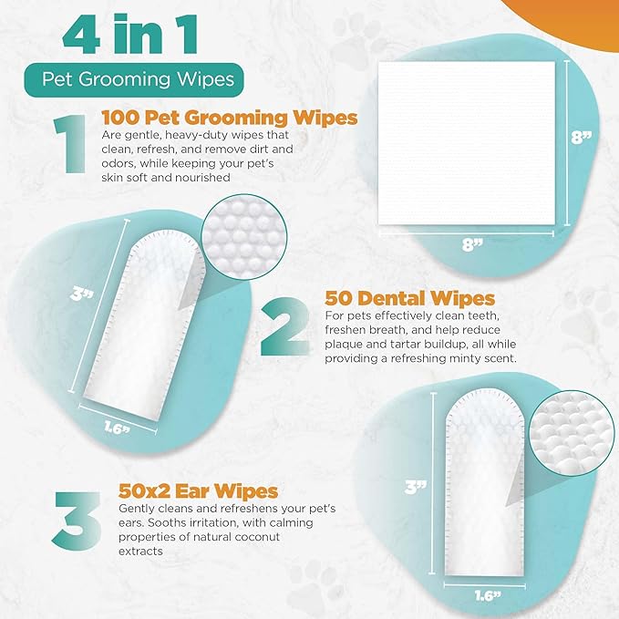 100 Pet Wipes (8x8'' Unscented) - 100 Ear Wipes (Coconut) - 50 Dental Wipes (Mint Infused) for Dogs & Cats, 250 Wipes, Alcohol-Free, Safe & Gentle- Great Value Bundle, Pet Care