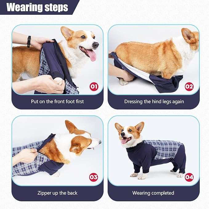 Dog Recovery Suit, Abdominal Wound After Surgery Wear, Anti Licking Bodysuit with Zipper, E-Collar & Cone Alternatives, Plaid Dog Spay Surgical Shirt Prevent Shedding(2XL, Blue)