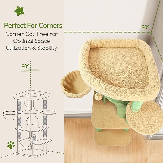 Globlazer Cactus Corner Cat Tree Tower with Scratching Post for Indoor Cats, 51in Multi-Level Cat Condo Tower with Large Hammock, Fan-Shaped Padded Perch, Spacious Cat Cave, Hanging Basket, C51, Green
