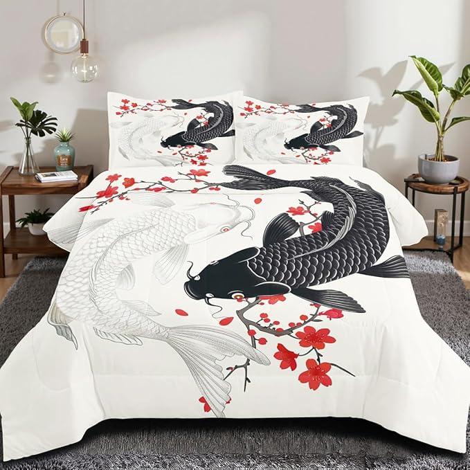 Japanese Bedding Twin Size Asian Oriental Comforter Black White Fish Bed Set Red Cherry Blossom Comforters Vintage Bedroom Decor Floral Bedding Set for Women Men Teen