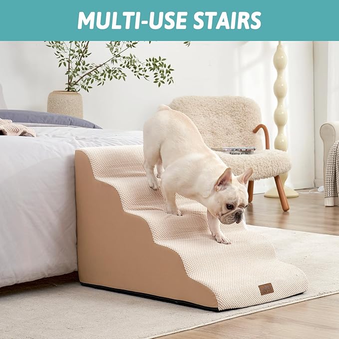 Extra Wide Dog Stairs 19.7" Width, Pet Step for Small Medium/Large Dog, Puppy or Cat, Pet Ramp for High Bed or Car, High Density Foam Ladder, Stable, 5 Step, 19.7x33x22.4 in, Beige