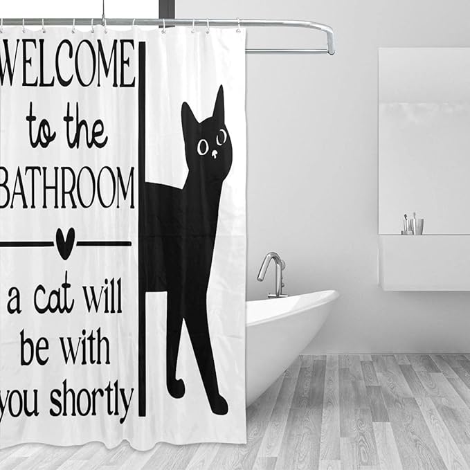 Jakayla Funny Shower Curtain Set โ Cute Black Cat Bathroom Decor, Waterproof Polyester Fabric for Cat Lovers Shower Curtain Set with Hooks 72x72 Inch