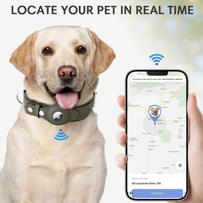 AirTag Dog Collar Soft Leather Webbing Dog Collar for AirTag Provides Double Protection for Small Medium and Large Dogs(Blue,M)