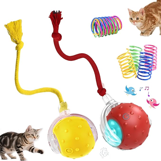 2-Pack Interactive Cat Toys Ball - 2025 New Gen with 360° Auto-Rotation Smart Obstacle Avoidance,Includes 8 Cat Spiral Spring,Ideal Kitten Toys for Bored Indoor Cats(Red&Yellow, Cat Toy Ball)