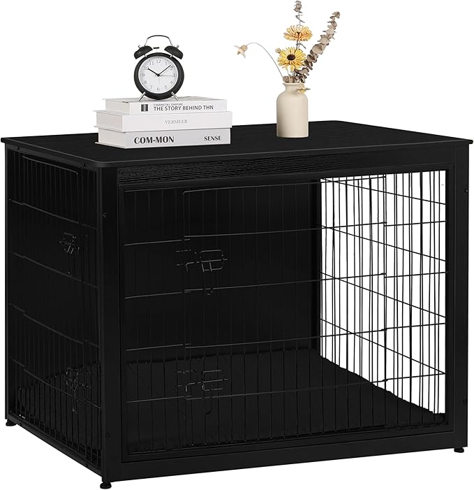 DWANTON Dog Crate Furniture with Cushion, Wooden Kennel Table with Double Doors, Indoor Dog House, Extra Large Size, 43.3" L, Black