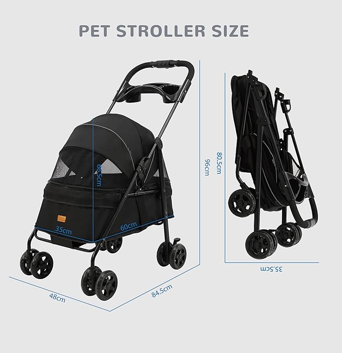 4 Wheels Pet Stroller,One-Click Folding Portable Folding Dog Cat Stroller,Sunshade, Storage Bag, Waterproof Oxford Fiber,Breathable and Visible Mesh for Small/Medium Pets up to 33 lbs,Black 
