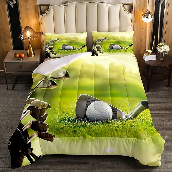 Erosebridal Golf Comforter Set King Size,Golf Clubs Bedding Set, Sports Game Theme Duvet Set Green Quilt Set, Boys Room Decorative Comforter Set Soft Breathable Ultra Lightweight