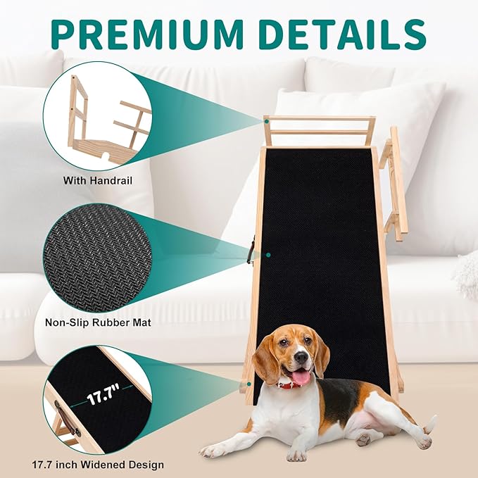 Dog Ramp for Bed, Adjustable Pet Ramps for Dog to Get on Bed, Non-Slip Rubber Surface - Folding Wooden Dog Ramp for Small/Large/Old Dogs, Adjustable up to 23.5 inch High Beds, Safety Railings