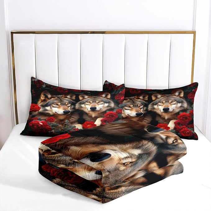 Wolf Comforter Set Queen Size Red Rose Wolves Bedding Set Wild Animal Bedding Sets Black Floral Animals Comforters 3 Piece Soft Down Alternative Comforter Sets for Girls Boys Kids Teens