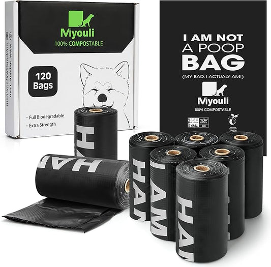 100% Certified Compostable Dog Poop Bag Rolls, 120 Bags (8 Rolls) Eco-Friendly Poop Bags for Dogs, Leak Proof Unscented Easy Open Poop Waste Bag(Black)
