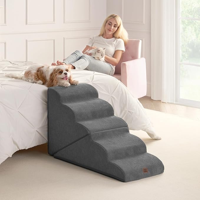 EHEYCIGA Curved Foldable Dog Stairs Ramp for High Beds 22.5" H, 5-Step Dog Steps for Small Dogs and Cats, Pet Stairs for High Bed Climbing, Non-Slip Balanced Pet Step Indoor, Grey