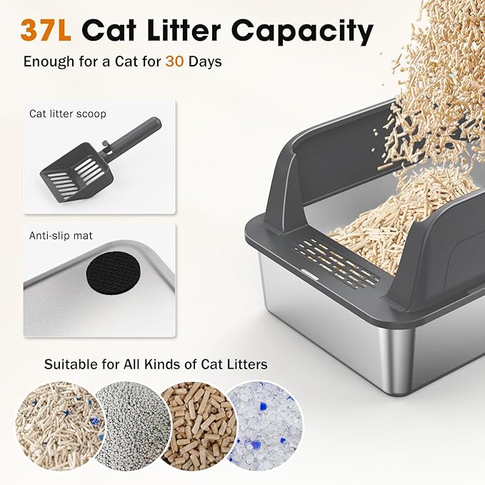 2PACK Stainless Steel Litter Box, Extra Large Litter Boxes for Big Cats, XL Metal Cat Litter Box with Lid High Sides, Anti-Urine Leakage, Non-Sticky, Scoop Included