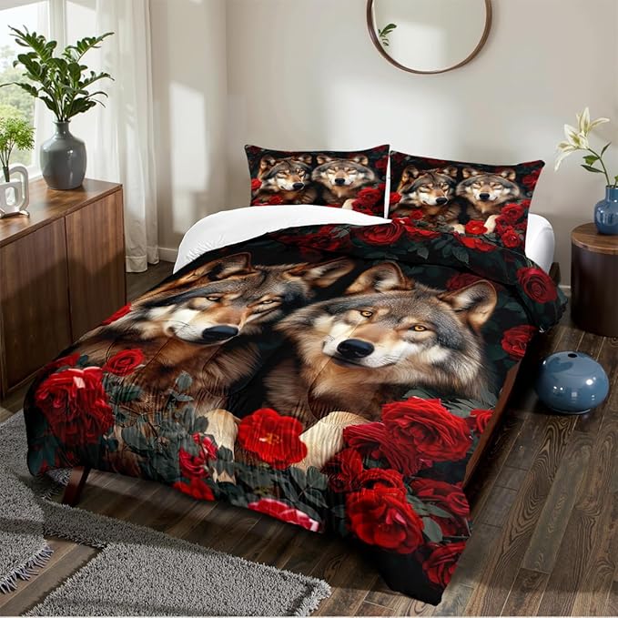 Wolf Comforter Set Queen Size Red Rose Wolves Bedding Set Wild Animal Bedding Sets Black Floral Animals Comforters 3 Piece Soft Down Alternative Comforter Sets for Girls Boys Kids Teens