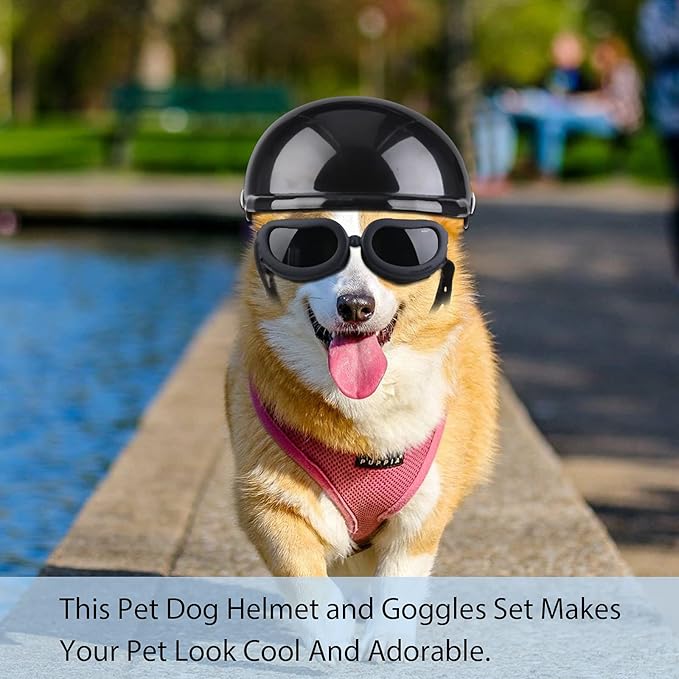 Frienda Dog Helmet and Goggles, UV Protection Doggy Sunglasses and 4 Inch Padded Puppy Motorcycle Helmet Adorable Dog Goggles with Adjustable Belt for Small Dogs Puppy Riding(Black,S)