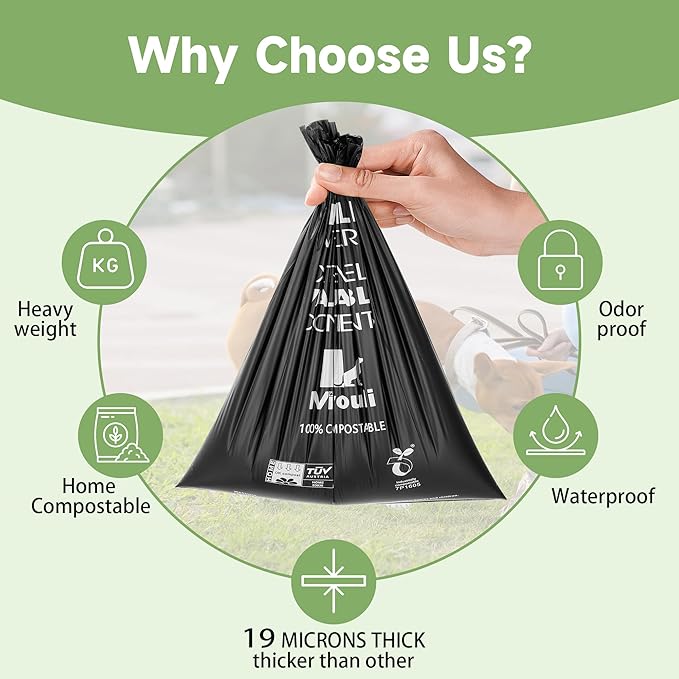 100% Certified Compostable Dog Poop Bag Rolls, 120 Bags (8 Rolls) Eco-Friendly Poop Bags for Dogs, Leak Proof Unscented Easy Open Poop Waste Bag(Black)