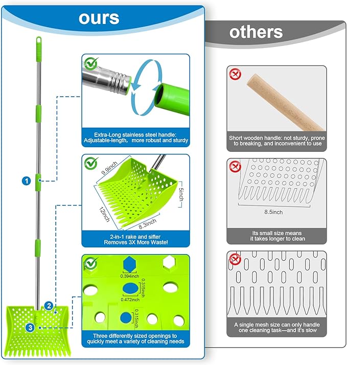 12-Inch 2-in-1 Chicken Poop Scooper & Rake – US Patent Pending – 3-Shape Sifting Holes Chicken Coop Rake,Stainless Steel Handle (20–61")– Litter Scoop Sand & Sifting Shovel for Chicken Coops(Green)