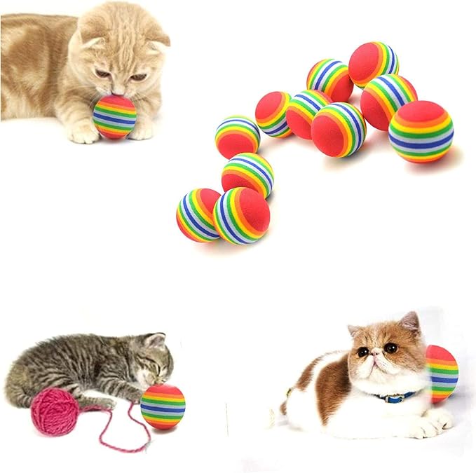 12 Pack Rainbow Cat Toy Balls Soft EVA Foam Interactive Indoor Kittens Favorite Toys 1.38" Dia. Small Dogs Puppies Toy Balls Bulk Activity Chase Quiet Play Sponge Ball