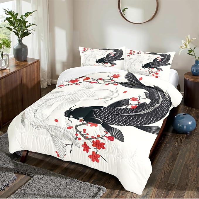 Japanese Bedding Twin Size Asian Oriental Comforter Black White Fish Bed Set Red Cherry Blossom Comforters Vintage Bedroom Decor Floral Bedding Set for Women Men Teen