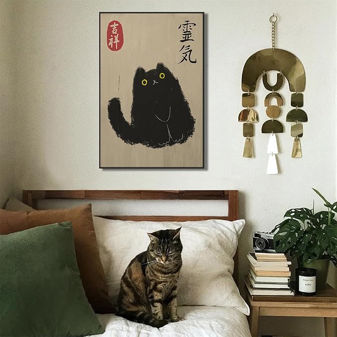 Japanese Black Cat Art Canvas, Japan Animal Poster, Cute Japandi Cat Painting, Funny Animal Picture Pet Lovers Gift for Living Room Bedroom 12x16in Framed