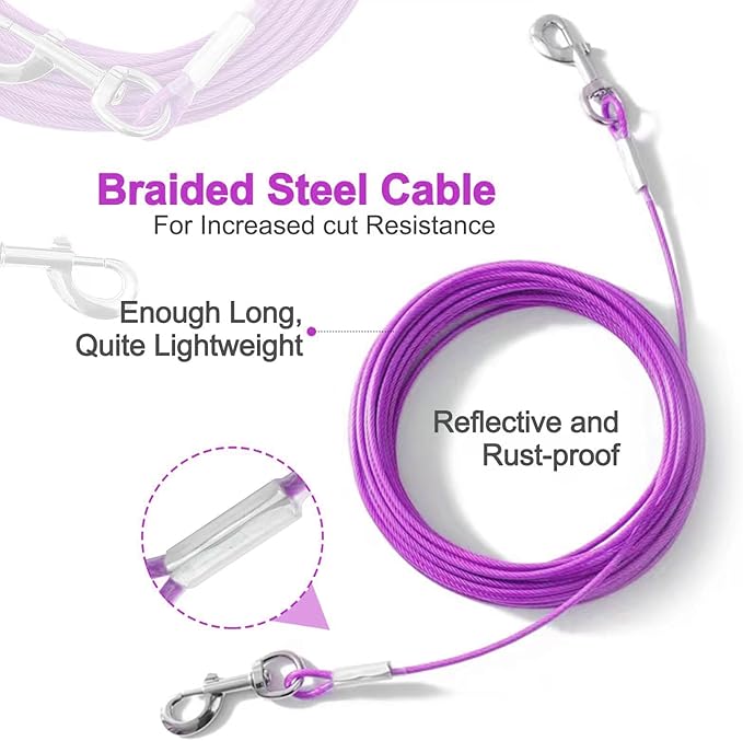 10FT Heavy Duty Dog Tie Out Cable for Large Dogs up to 125lbs, Durable Runner Tether Line (Purple)