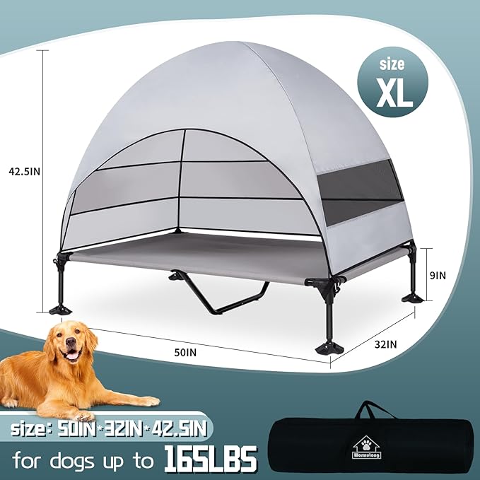 Elevated Outdoor Dog Bed with Canopy & Adjustable Feet - Larger Shade for Camping, Backyard & Patio