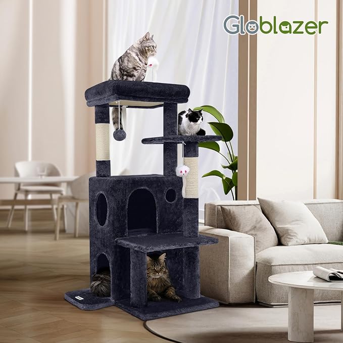 Globlazer Cat Tree Tower for Indoor Cats, 50-inch Adult Cat Tree House for Large Adult Cats with Steps, Scratching Post, 2 Cat Caves, Dangling Toys, FC50, Dark Grey