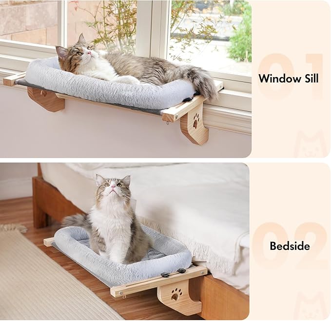 AMOSIJOY Cat Sill Window Perch Sturdy Hammock Window Seat with Cushion Cover, Wood & Metal Frame for Large Cats, Easy to Adjust Cat Bed for Windowsill, Bedside, Drawer and Cabinet (L)