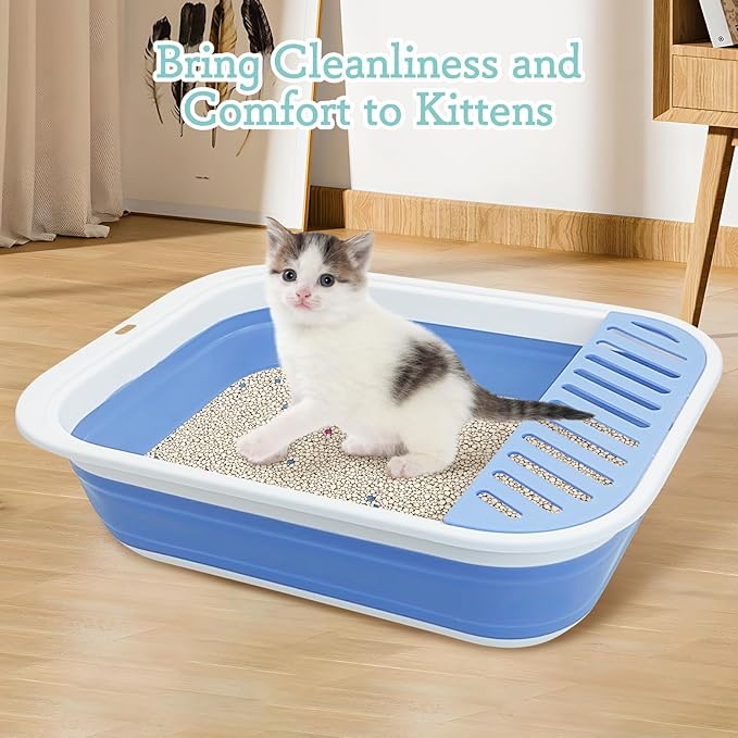 Fhiny Cat Litter Box Portable Shallow Litter Box 17.7"x13.4"x4.9" Foldable Cat Toilet with Scoop Open Kitty Potty Pan with Litter Drop Pedal Easy to Clean Travel Kitten Toilet(Blue)