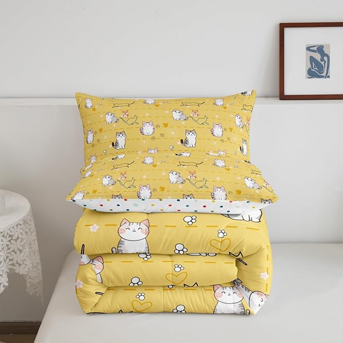 Erosebridal Cartoon Kawaii Bedding Set King Kids Cat Comforter Set, Cute Animal Down Comforter Pet Theme Bed Set, Dog Kitten Quilted Duvet Teal Love Heart Print Pet Lovers Gifts Lightweight Cozy 3pcs
